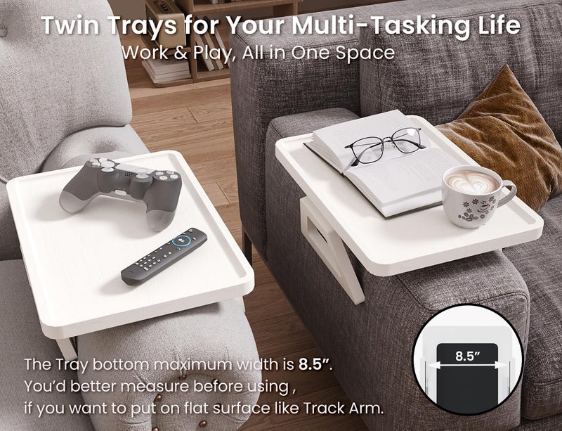 Danfoxer 2 Pack Couch Arm Tray,Bamboo Folding Sofa Tray,Sofa Armrest Trays Clip-On Couch Desk for Drinks,Snacks,Phone,Remote Control（White） - Image 3